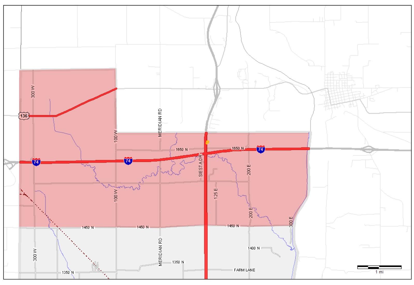 Map of I-74 Corridor Economic Development Area: North, West, and East allocations.